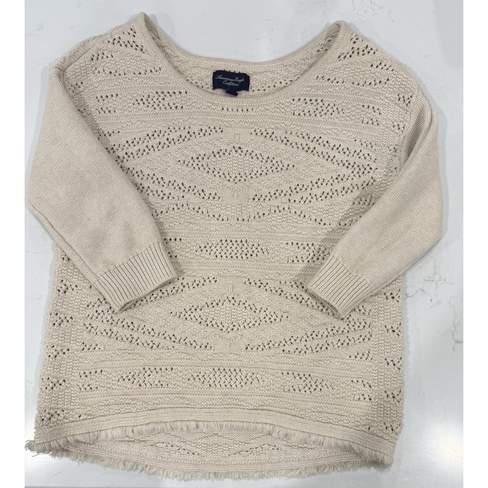 American Eagle Outfitters Sweater Size Med 3/4 Sleeve Cream Fringed Hem Cotton